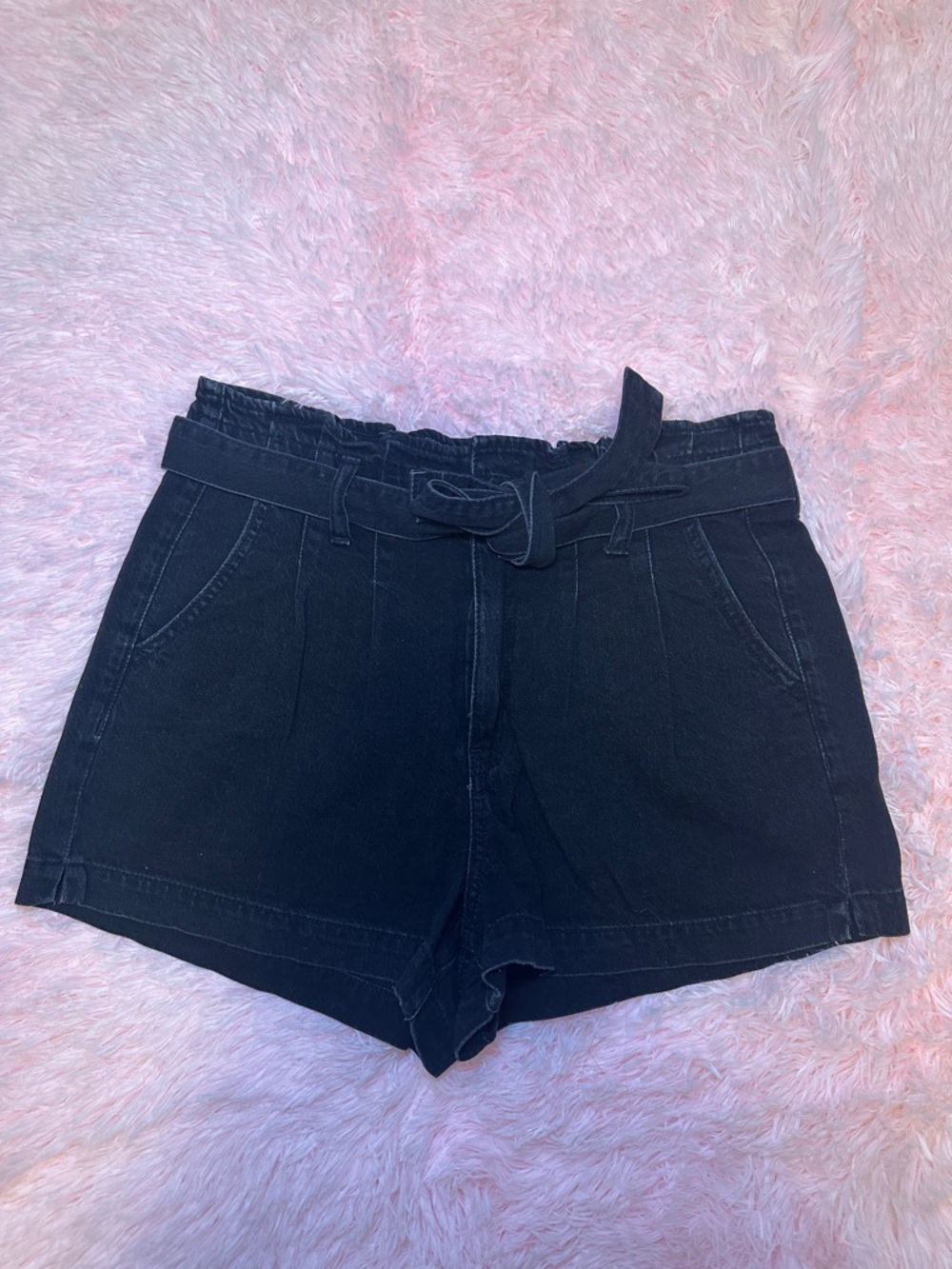 Women's Black Paperbag Waist Tie Shorts